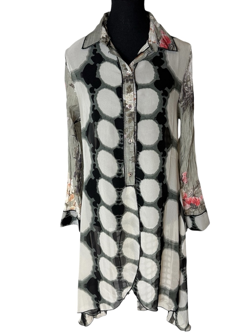 ADORE Semi Sheer Abstract Button Down Tunic Top Shirt Polka Dot Stripes Medium